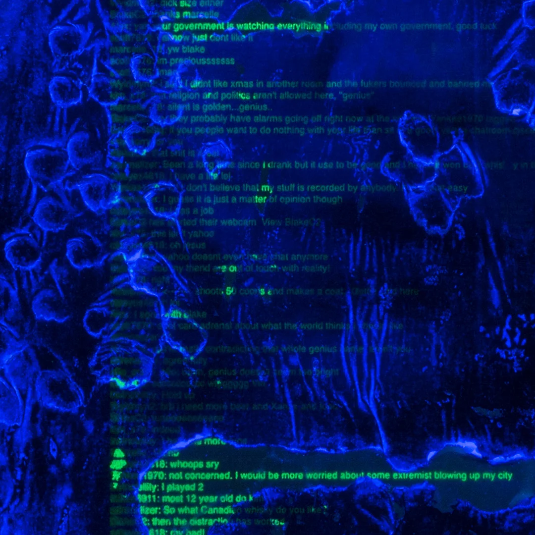 UV detail of hidden chat text over a portrait