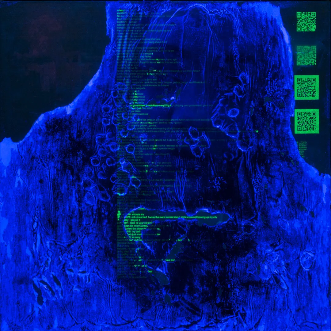 Same portrait illuminated by ultraviolet light revealing hidden chat text