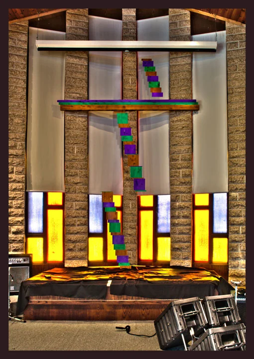 Digitally disrupted photograph of a church altar and cross