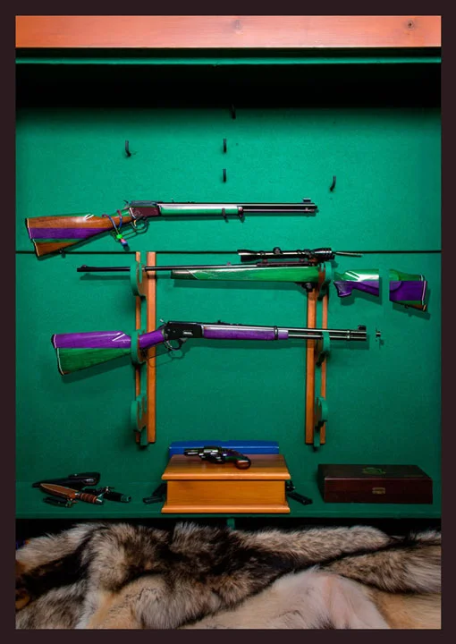 Digitally disrupted photograph of firearms arranged in a display