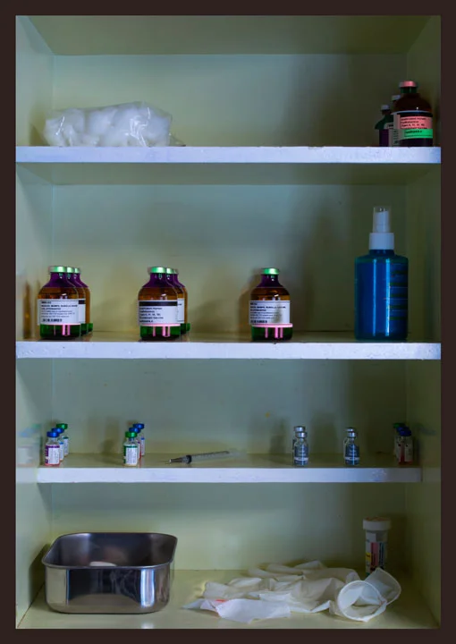 Digitally disrupted photograph of medical supplies on shelves