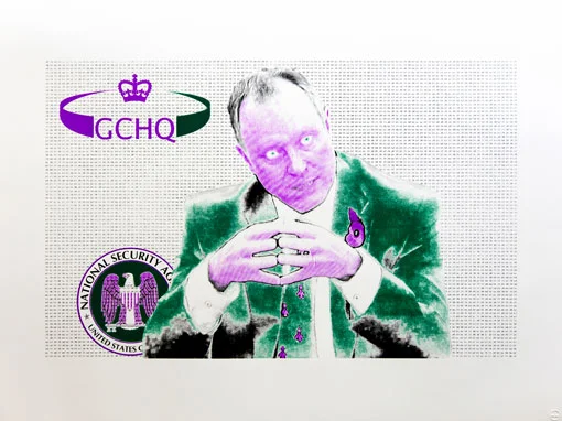 Silkscreen portrait with GCHQ and NSA symbols