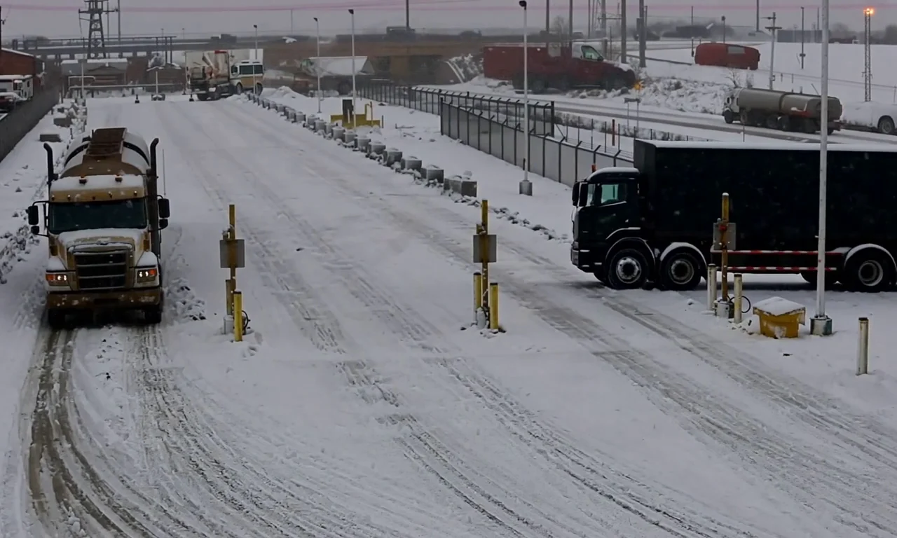 Snowy truck yard seen through surveillance-style video in Perceptual Dissonance