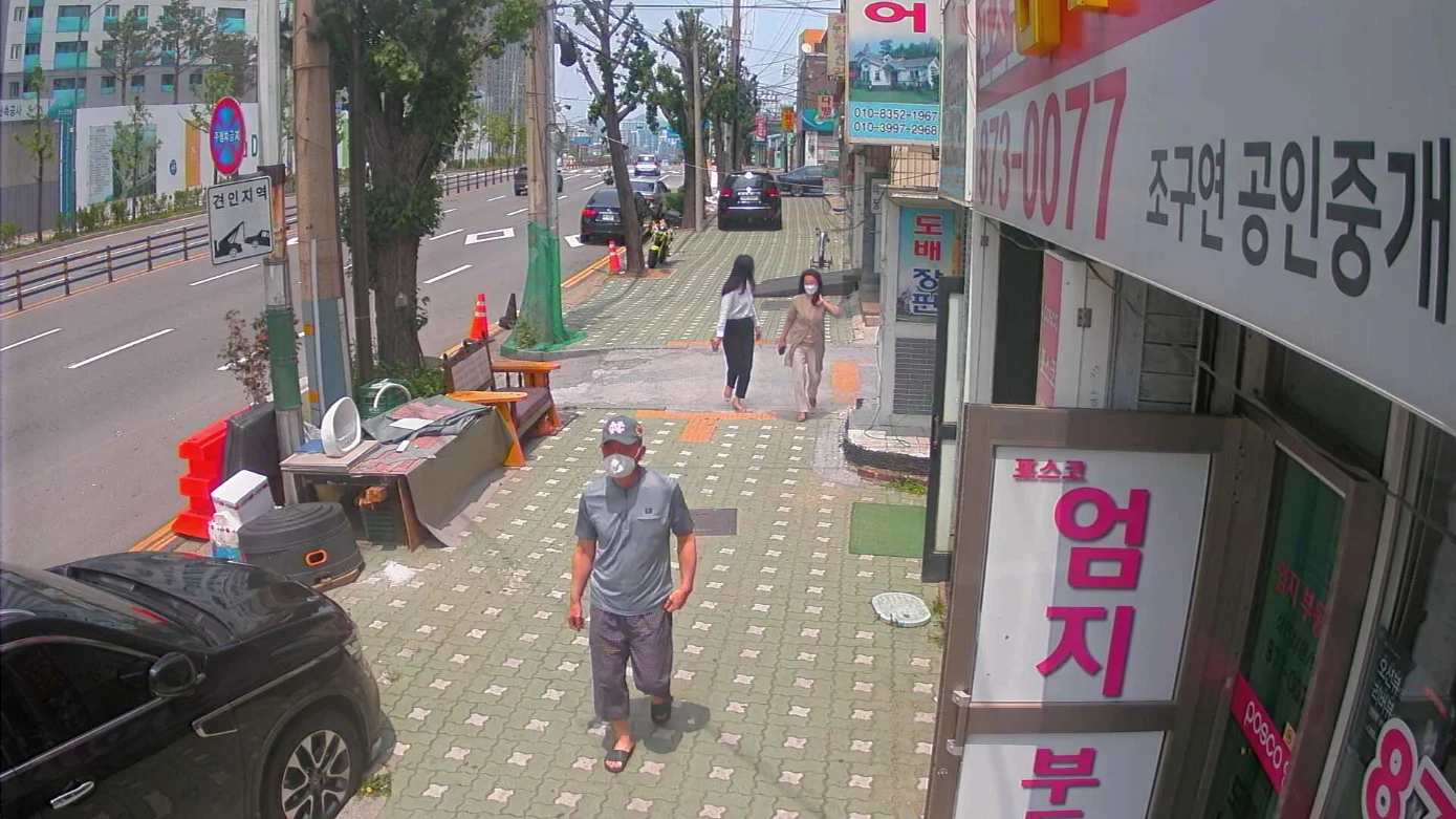 Pedestrians on a commercial sidewalk seen from above