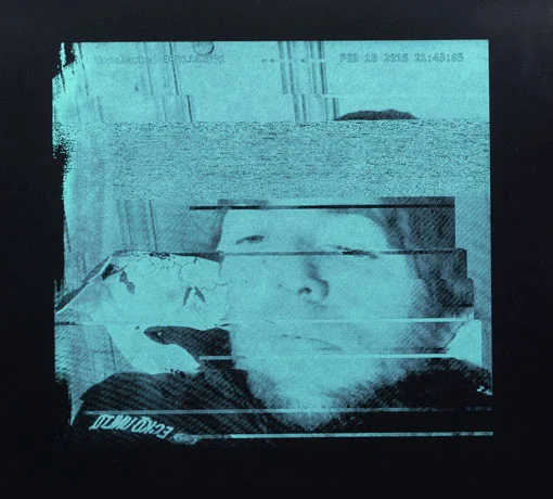 Fragmented cyan video-chat portrait