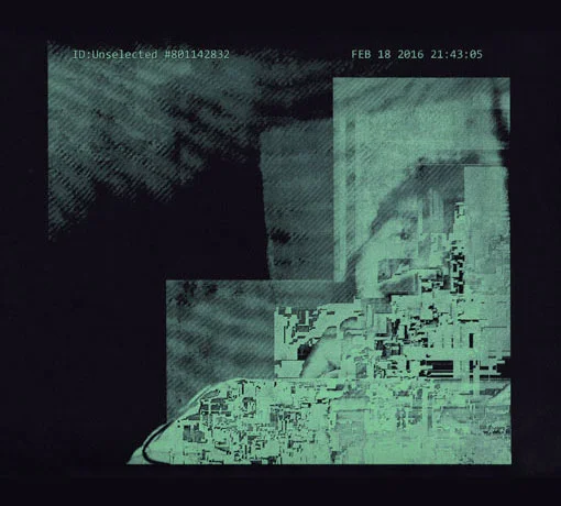 Glitched monochrome portrait derived from a public video chatroom